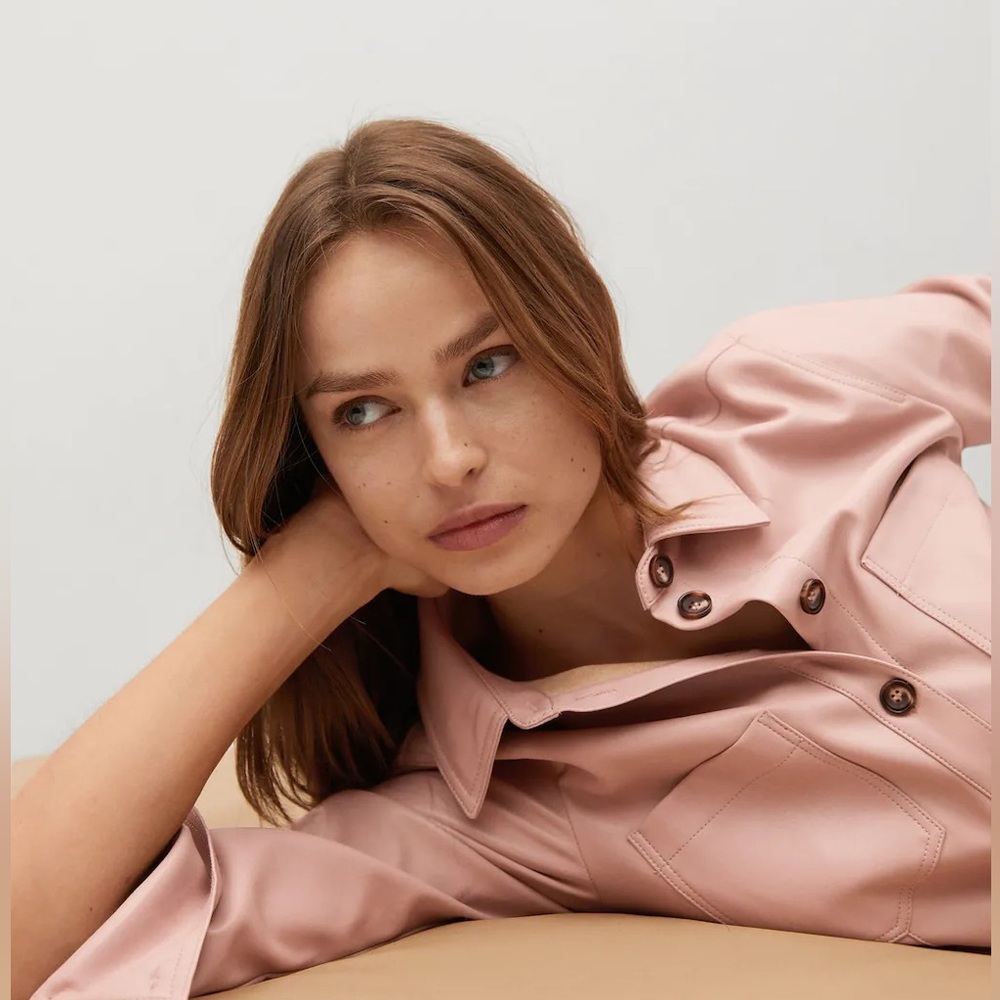 MANGO Blush Faux Leather Button Down Shirt. SZ SMALL. Pristine, With Tags.